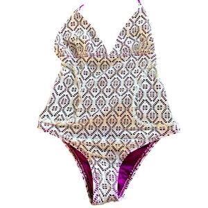 L*Space Maio Full Cut Bikini Swimsuit cream crochet overlay purple size 8 EUC